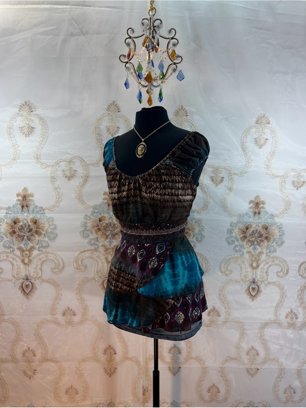 ✨Vintage Y2K Bohemian Brown & Blue Sequins Embroidered Layered Fairy Top✨